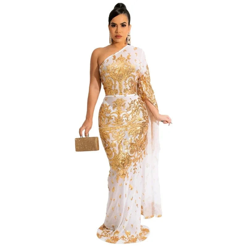 M / White New fashion women's single shoulder Embroidered Beaded mesh diagonal shoulder sexy evening dress women's dress