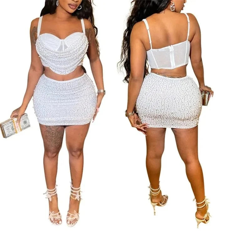M / White Women Diamonds Hot Rhinestones Midi Mini Skirt Suit and Strap Plle Neck Crop Top 2024 Sexy Two 2 Piece Dress Sets