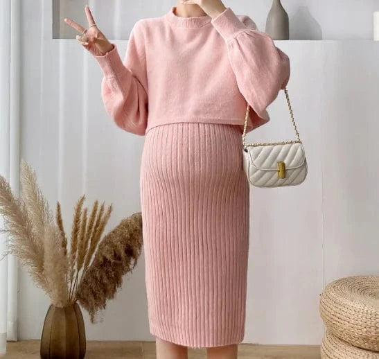 M-XXL Fashion Outgoing New Large Pregnant Women's Cute Pink Knit Pullover Thickened Sweater Two Piece Set