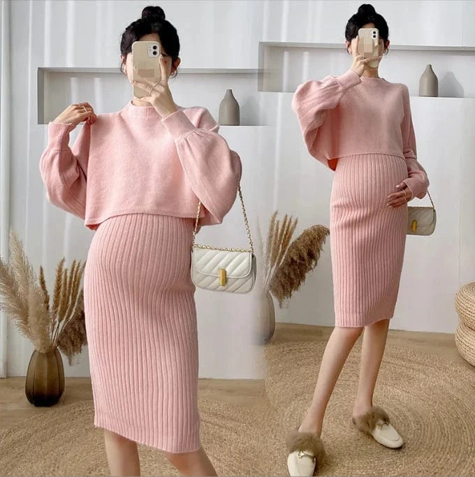M-XXL Fashion Outgoing New Large Pregnant Women's Cute Pink Knit Pullover Thickened Sweater Two Piece Set