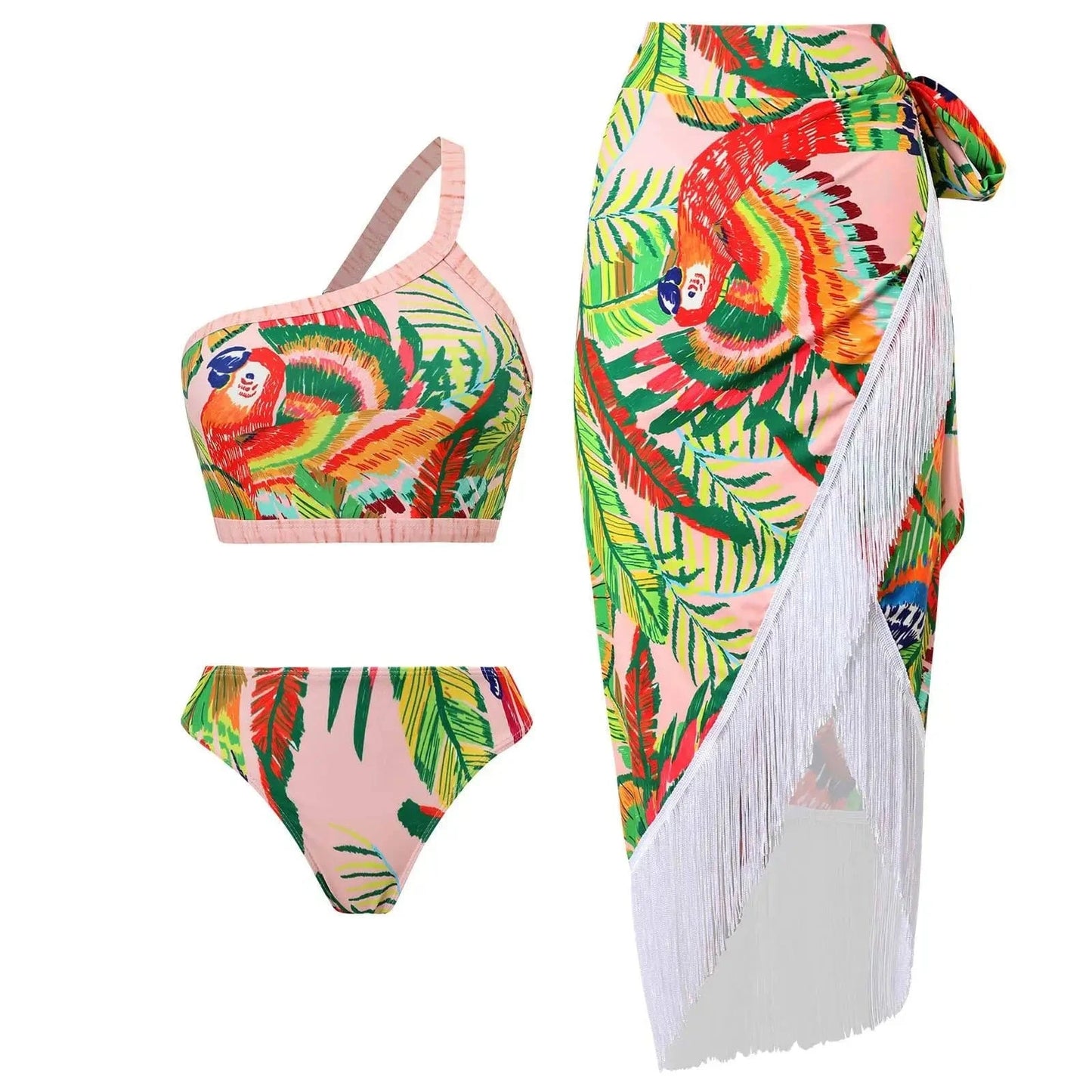 M / Y85 set DAMOCHIC One-Shoulder Swimsuit Three Piece Summer Vintage Printed beach wrap skirt Tassels Bathing Suit Cover Up Swimwear 2023