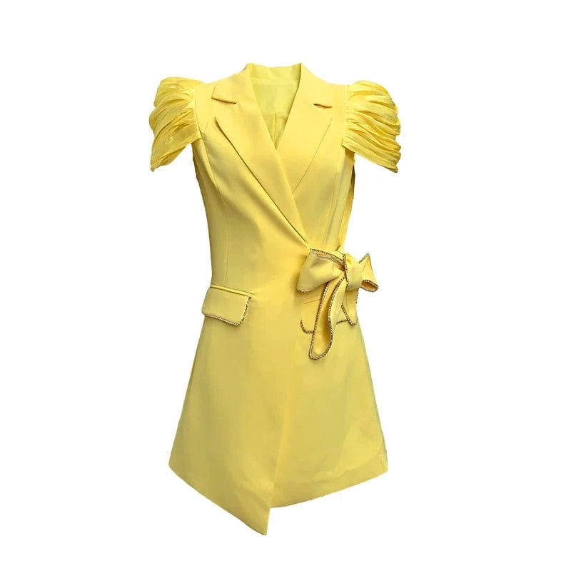 M / Yellow 5693 Women Clothing Wholesale White Ruffle Sleeve V Neck Lady Casual Blazer Dress