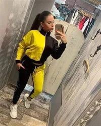 M / Yellow EB-20102601 High Quality Ladies Sweatsuit Long Sleeve Patchwork Jackets Fall Women Two Piece Pants Set
