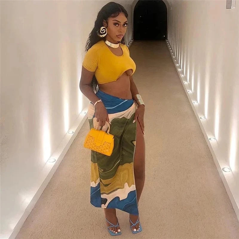 M / Yellow J&H Women Autumn New Style Contrast Color Print Long Side Split Sexy Women's Skit Fashion Midi Dress For Ladies