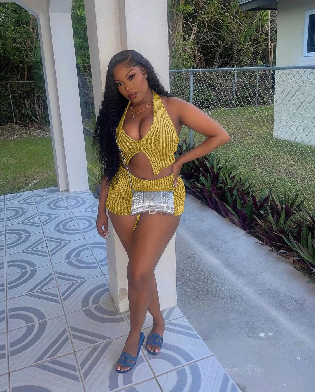 M / Yellow TS1301 New collections 2024 2 pieces workout sets for women knitted striped outfits summer halter crop top two piece short set