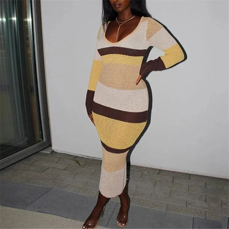 M / Yellow Women 2024 Spring Autumn Fashion Long Sleeve Knitted Streetwear Striped Bodycon Midi Dress
