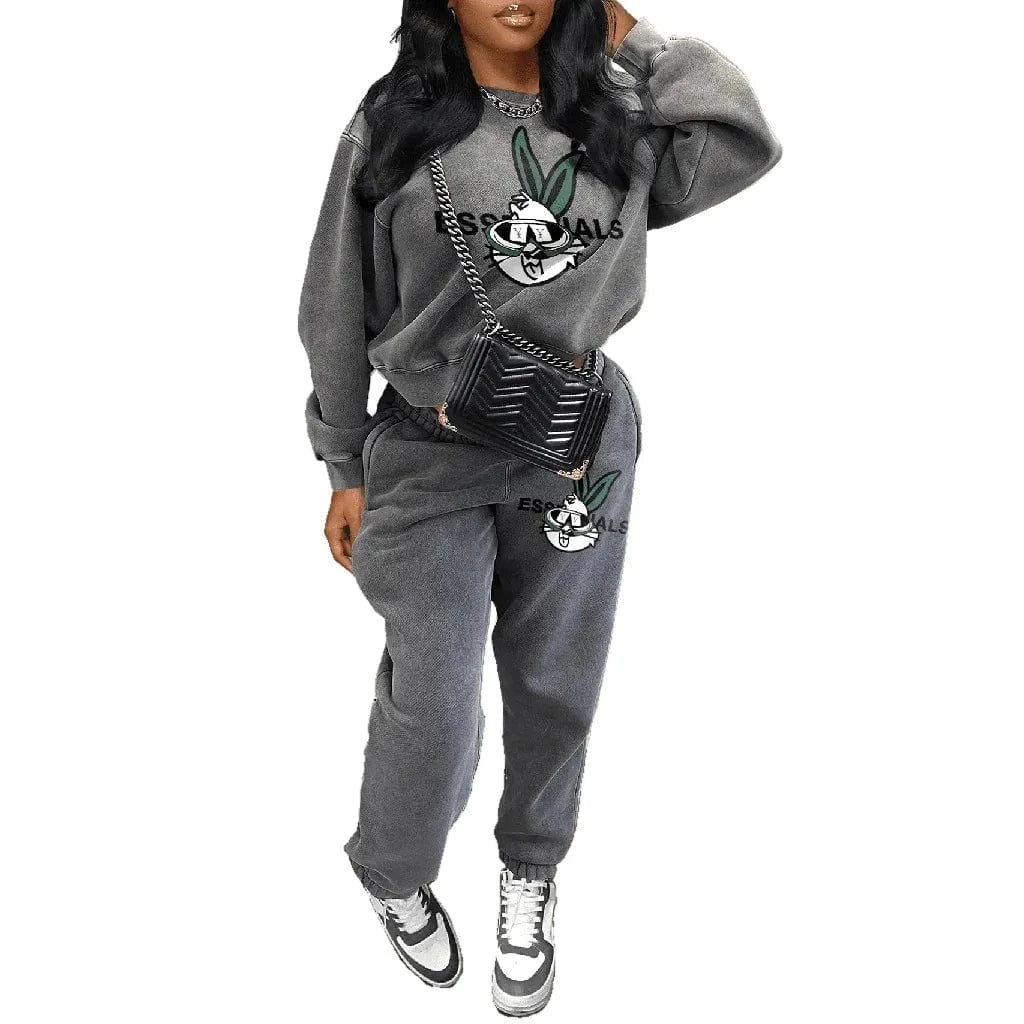 M / Z919ST Gray Bomblook Z919ST Round Neck Cute Rabbit Letter Printed Hoodie Pants 2 Piece Jogging Set Fashion Printed Hoodie Two-piece Set