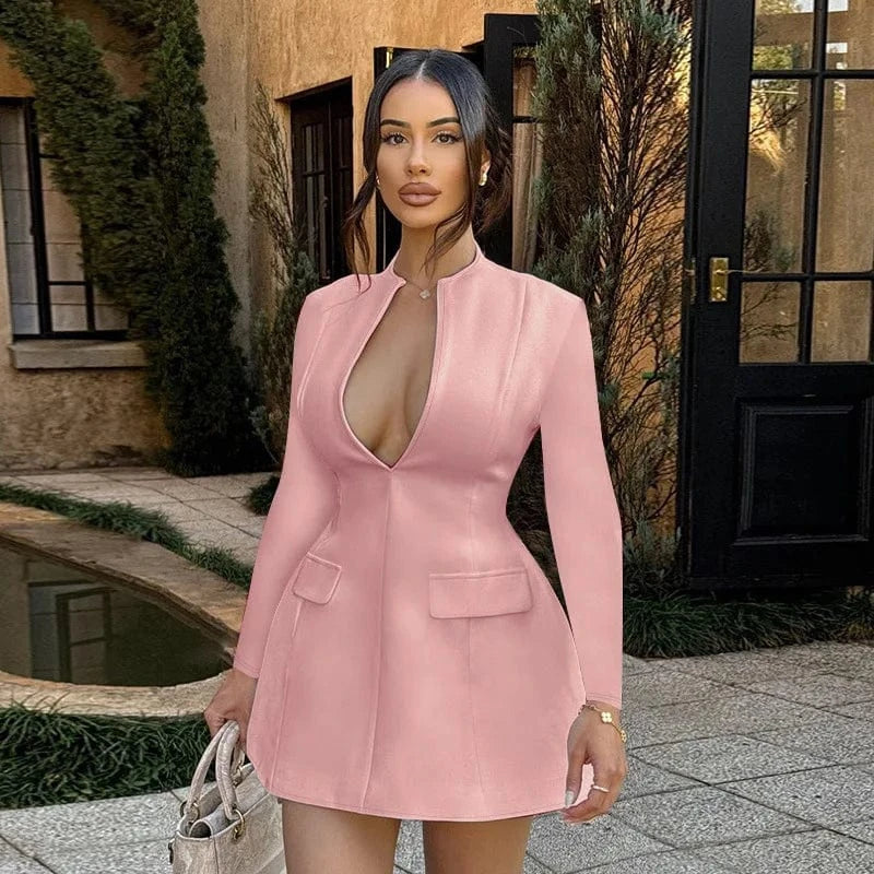M / Z928DS Pink Bomblook Z928DS Elegant Solid Office Lady Blazer Dress Women Hipster Sexy Deep V-Neck Long Sleeve Bodycon Mini Dresses