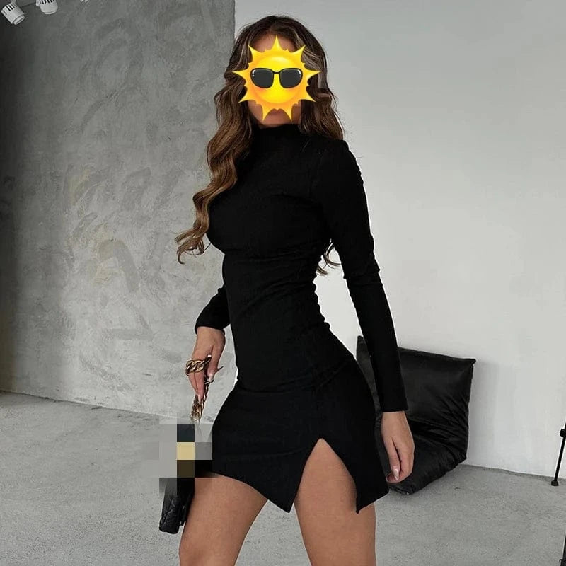 M23ds590 Fashion Fall Winter 2024 O-neck Long Sleeve Sexy Mini Dress Solid Bodycon Casual Outfit Dress For Women Lady