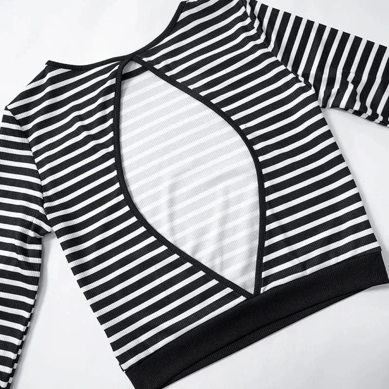 M23st59 Fall Winter 2024 New Striped Print Backless Long Sleeve Crop Top And Split Skirt 2 Piece Set Bodycon Women's