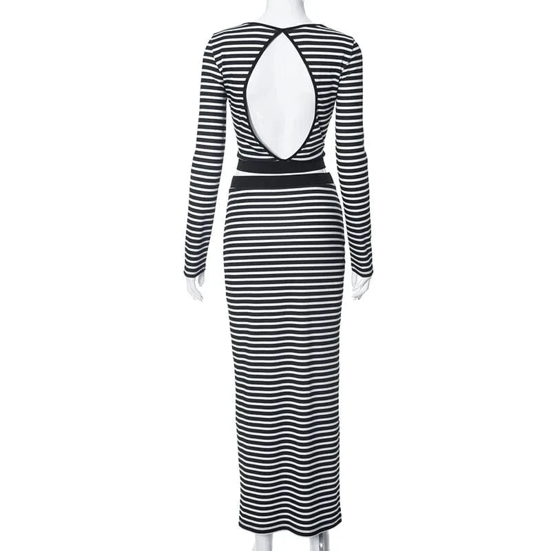 M23st59 Fall Winter 2024 New Striped Print Backless Long Sleeve Crop Top And Split Skirt 2 Piece Set Bodycon Women's