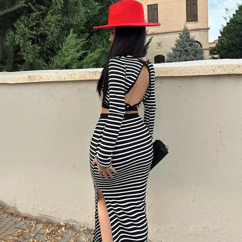 M23st59 Fall Winter 2024 New Striped Print Backless Long Sleeve Crop Top And Split Skirt 2 Piece Set Bodycon Women's