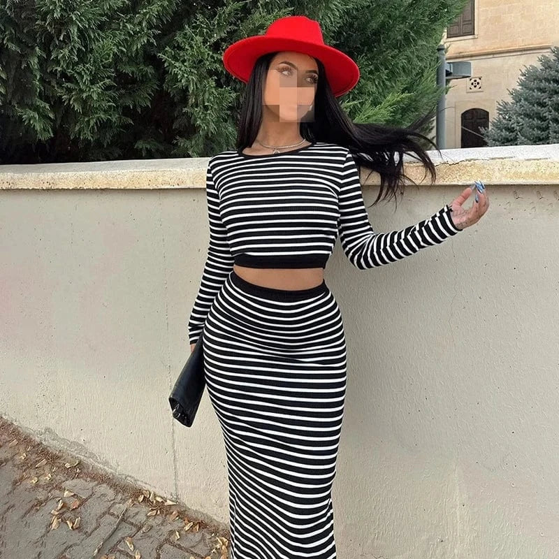M23st59 Fall Winter 2024 New Striped Print Backless Long Sleeve Crop Top And Split Skirt 2 Piece Set Bodycon Women's