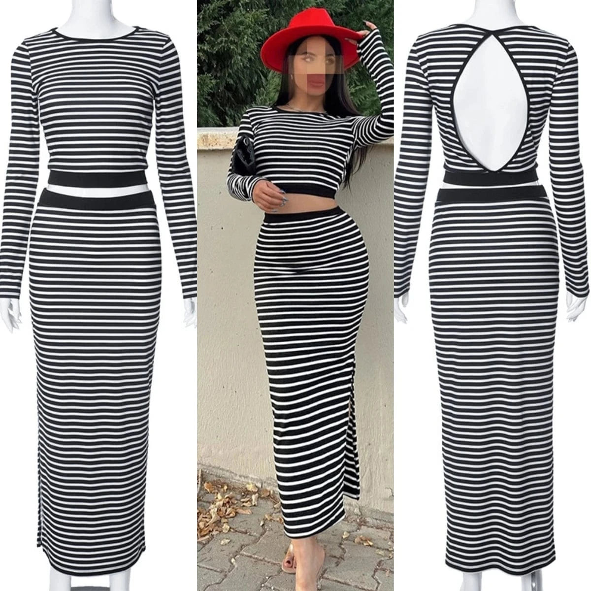 M23st59 Fall Winter 2024 New Striped Print Backless Long Sleeve Crop Top And Split Skirt 2 Piece Set Bodycon Women's