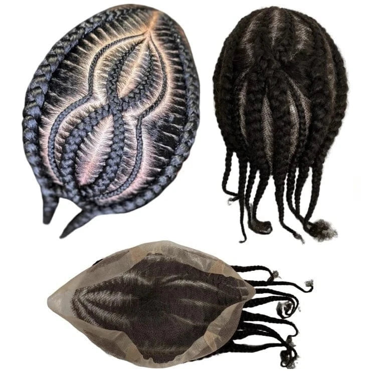 Malaysian Remy Human Hair Piece 1b# Natural Black Afro Cornrow Braids 8x10 Full Lace Toupee Male Unit for Black Men