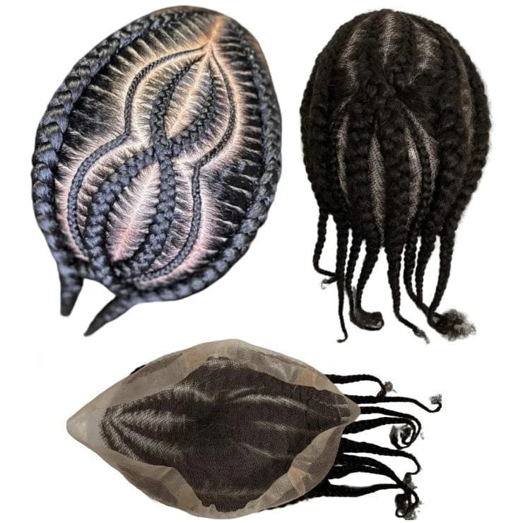 Malaysian Remy Human Hair Piece 1b# Natural Black Afro Cornrow Braids 8x10 Full Lace Toupee Male Unit for Black Men