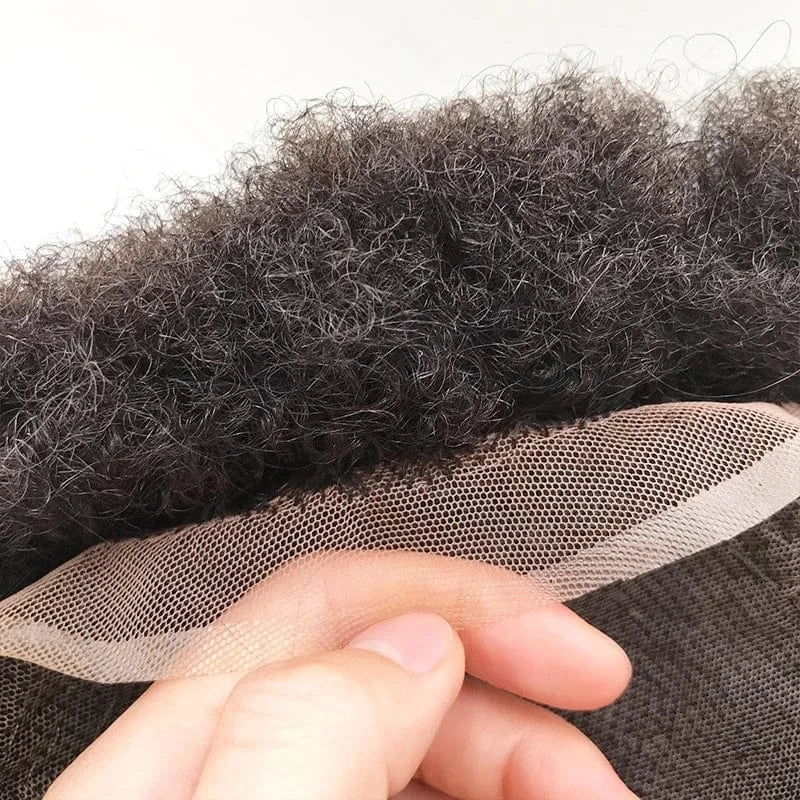 Man's Wig Breath Well African American 6 4 8 mm Hairpieces Natural Black 1B Short Afro Kinky Curly Full Lace Human Hair Toupee