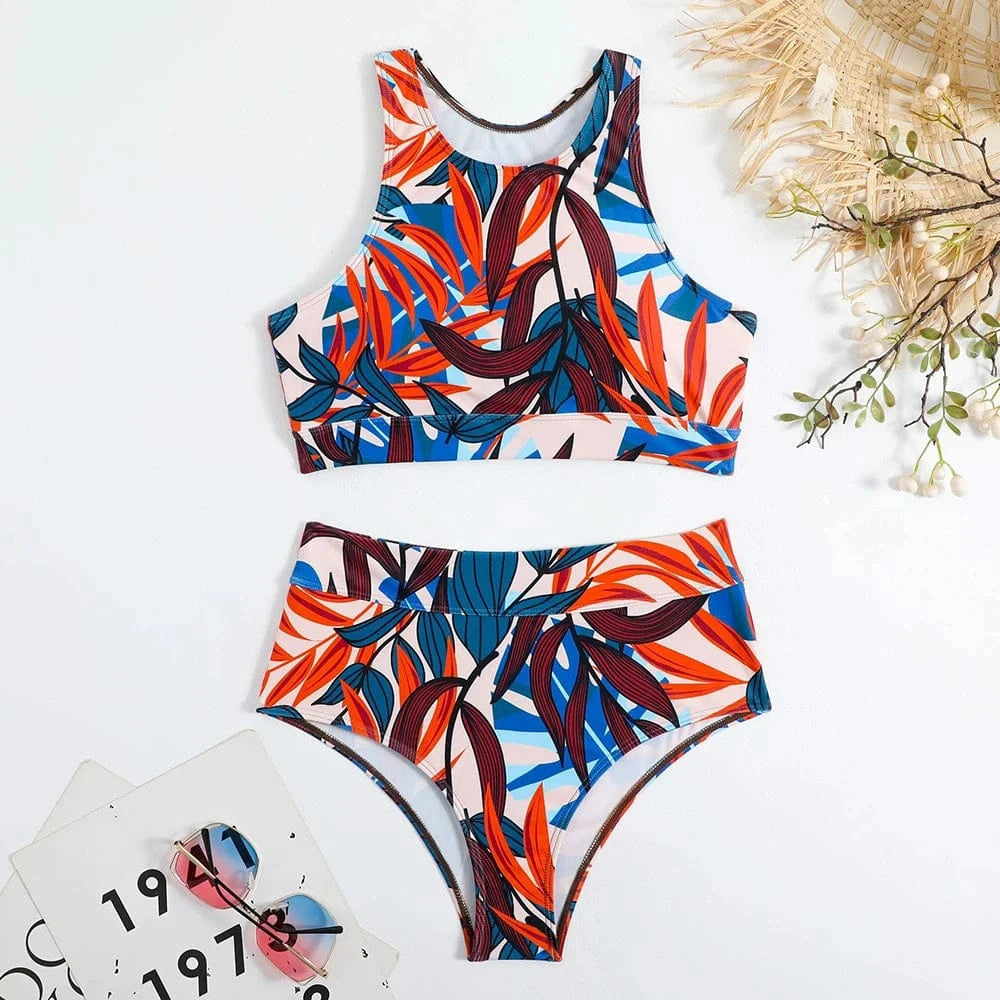 Manufacturer Custom 2024 Sexy Two Piece Bikini Set Beach wear High Waist Swimwear Bathing Suit Women Push Up High Neck Swimsuit