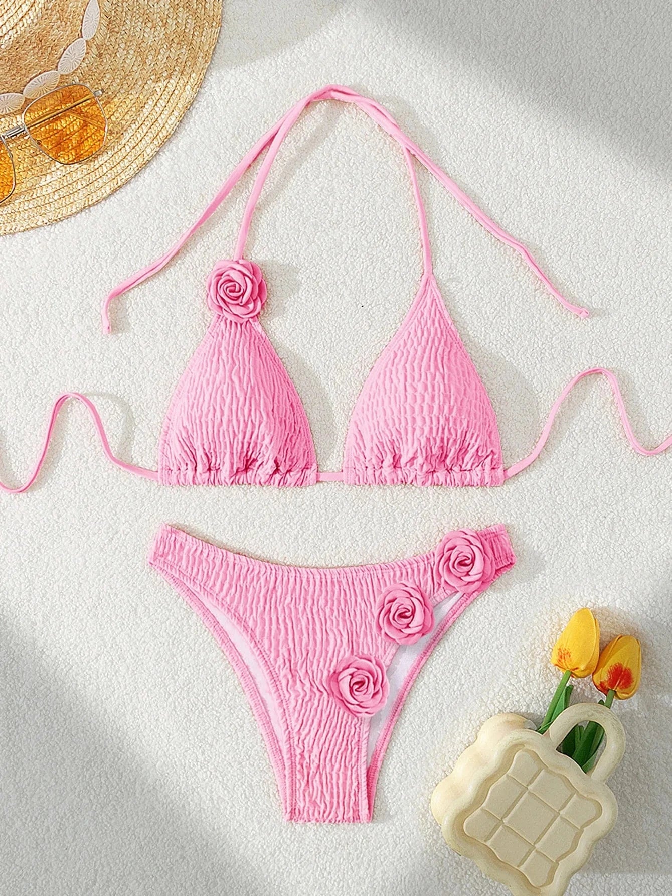 Manufacturer Custom Swimwear 2024 Solid Color 3d Flower Bikini Sexy Bikini Beach Vacation Split Swimsuit Womens Swimming Shorts