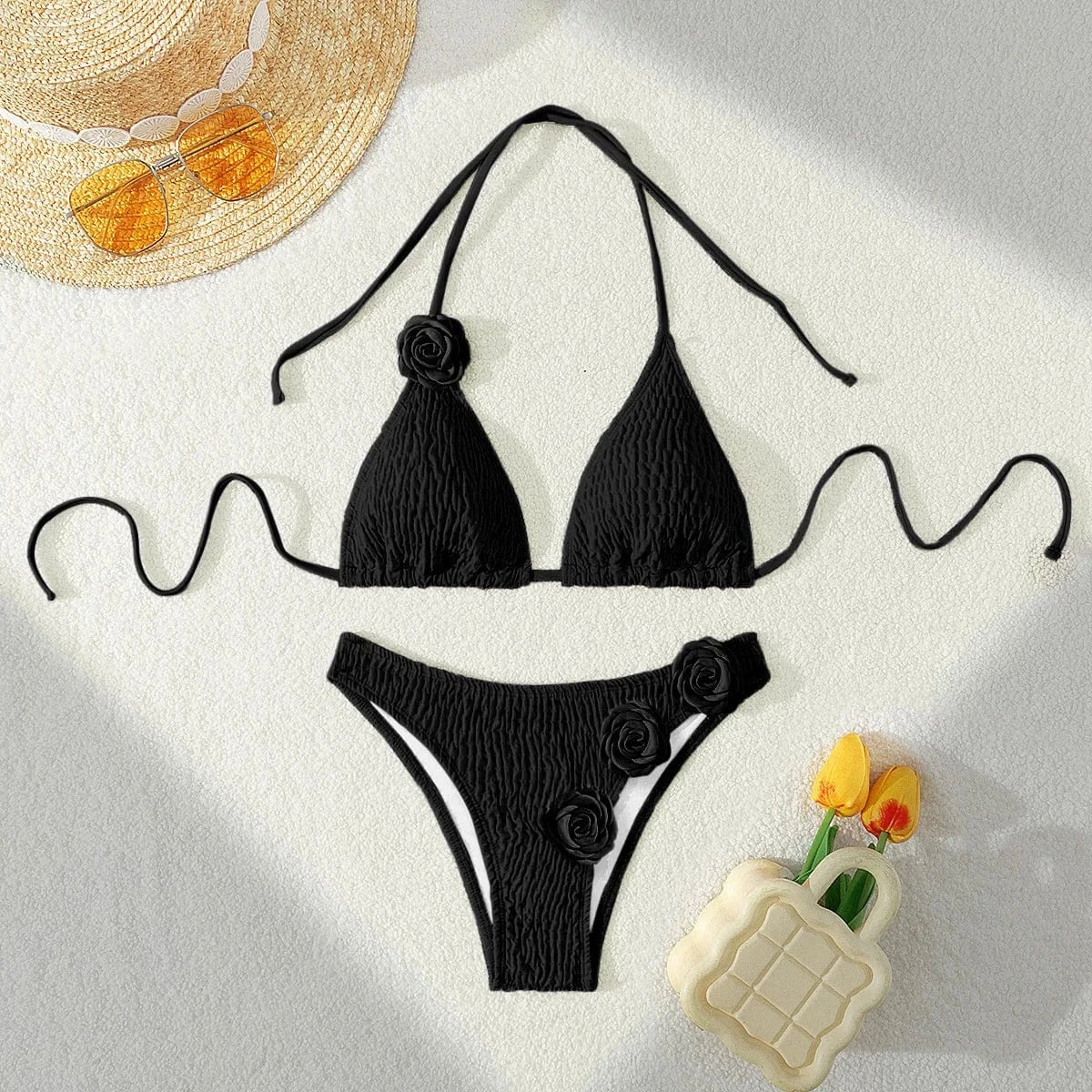 Manufacturer Custom Swimwear 2024 Solid Color 3d Flower Bikini Sexy Bikini Beach Vacation Split Swimsuit Womens Swimming Shorts