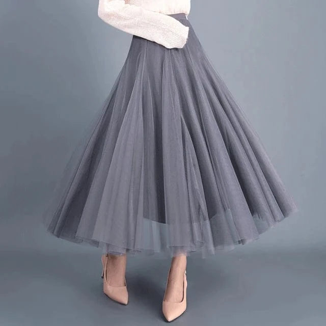 Manufacturer Wholesale Dance Fashion Solid Saias Mujer Long Maxi Pleated Midi High Waist Elastic Tulle Tutu Skirts Womens