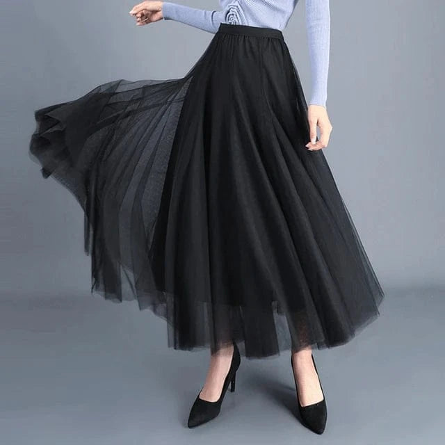 Manufacturer Wholesale Dance Fashion Solid Saias Mujer Long Maxi Pleated Midi High Waist Elastic Tulle Tutu Skirts Womens