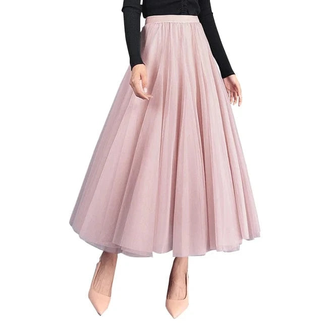 Manufacturer Wholesale Dance Fashion Solid Saias Mujer Long Maxi Pleated Midi High Waist Elastic Tulle Tutu Skirts Womens