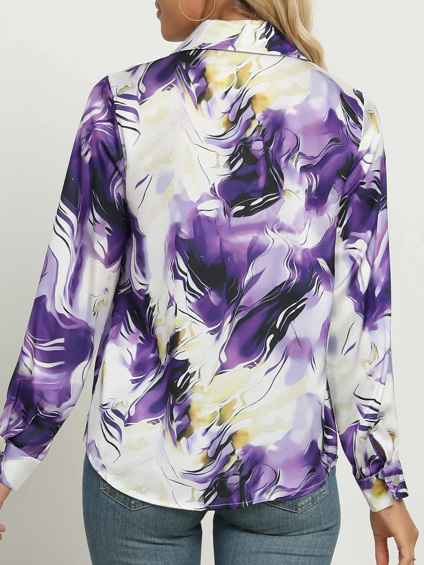 Marble Print Button Front Long Sleeve Shirt,Long Sleeve Tops