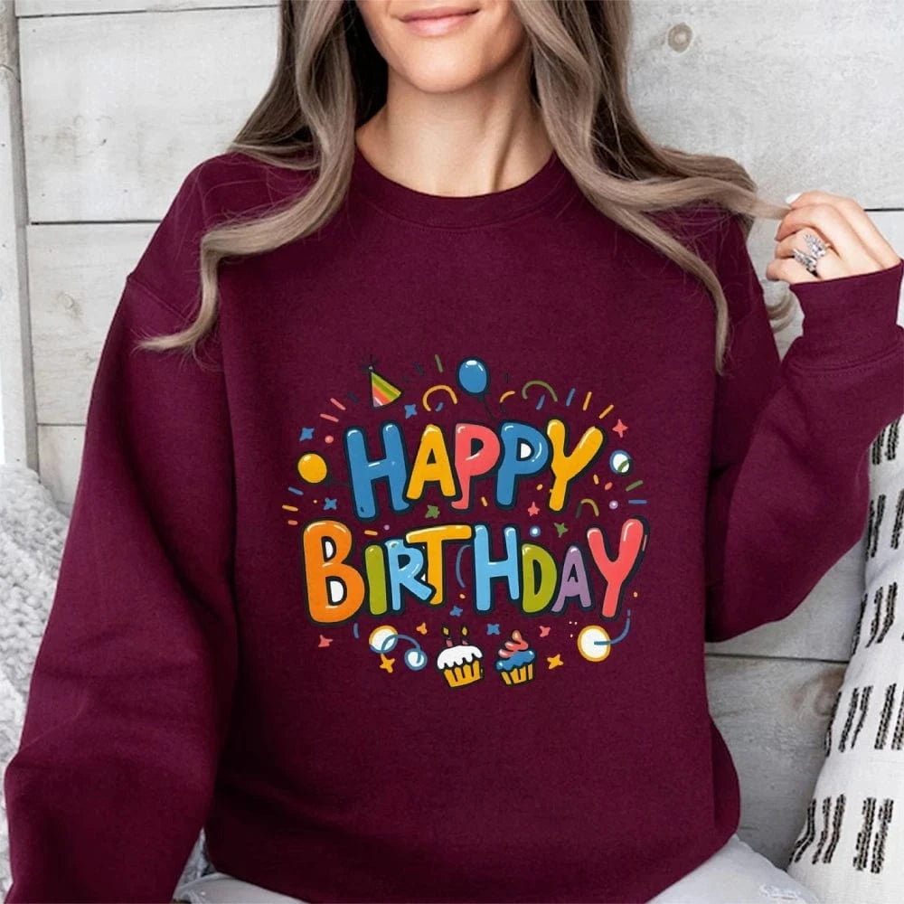 Maroon / S Birthday Graphic Casual Sweatshirt Trendy Multi-Colored Cotton Soft Top New Fashion Crew Neck Pullover Long Sleeve Loose Sweater