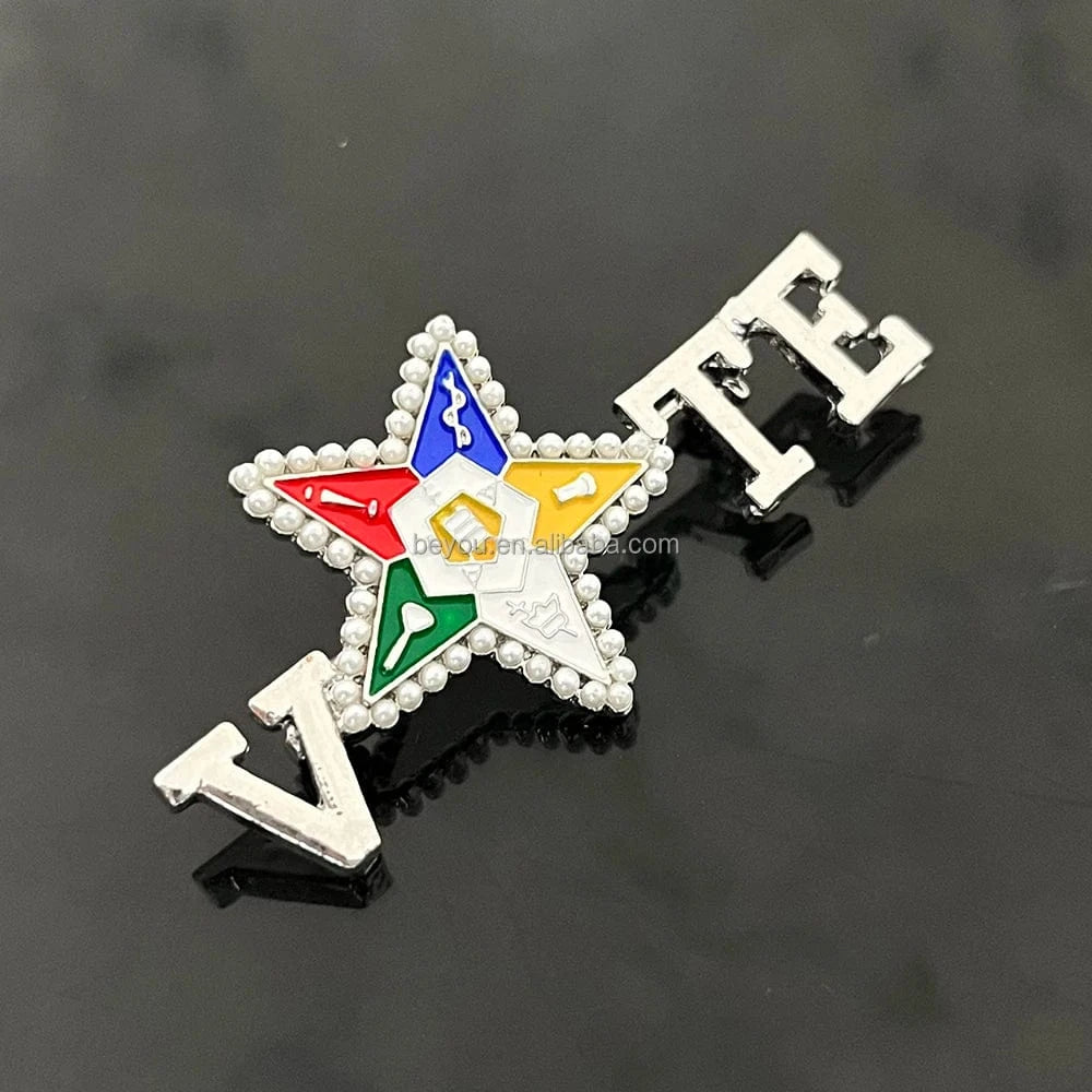 Masonic Custom VOTE Letter Brooch Order of The Eastern Star Green Red Blue Enamel Pearl Lapel Pin OES Brooches Jewelry