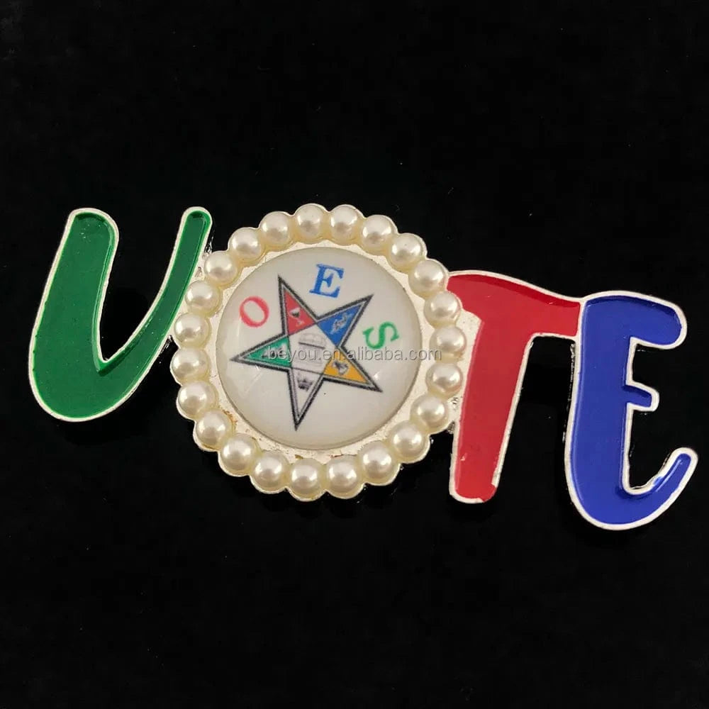 Masonic Custom VOTE Letter Brooch Order of The Eastern Star Green Red Blue Enamel Pearl Lapel Pin OES Brooches Jewelry