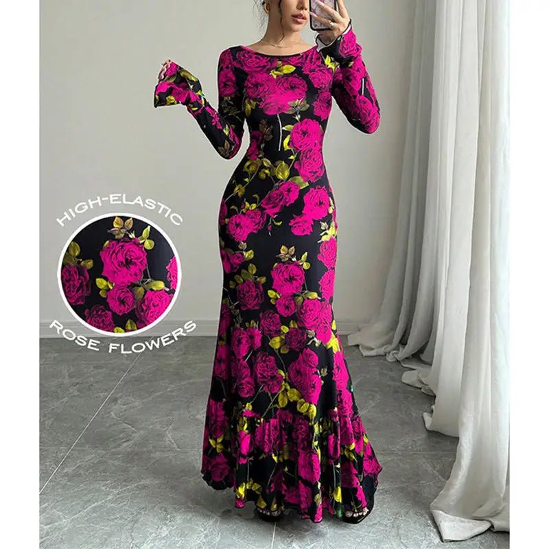 Maxi Dress + Romantic Delicate Rose Print Floral Pattern + Elegant Fishtail Silhouette - SN Wigs & More