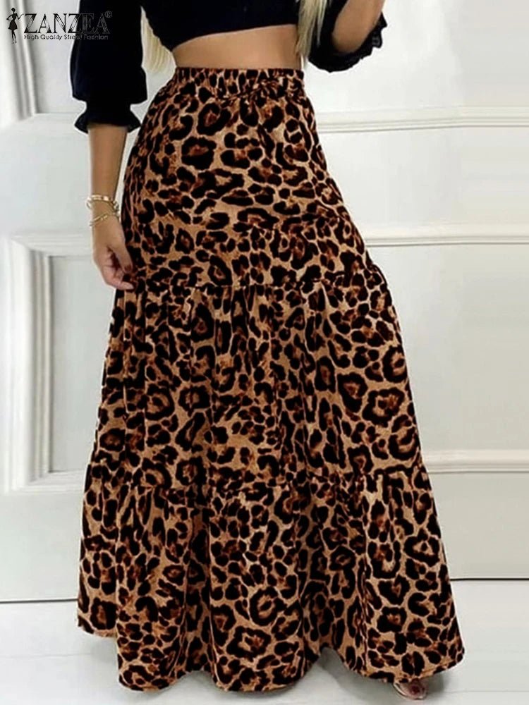 Maxi Skirt Leopard Print With Ruffle Detail In Loose A Line Style For Summer Party - SN Wigs & More