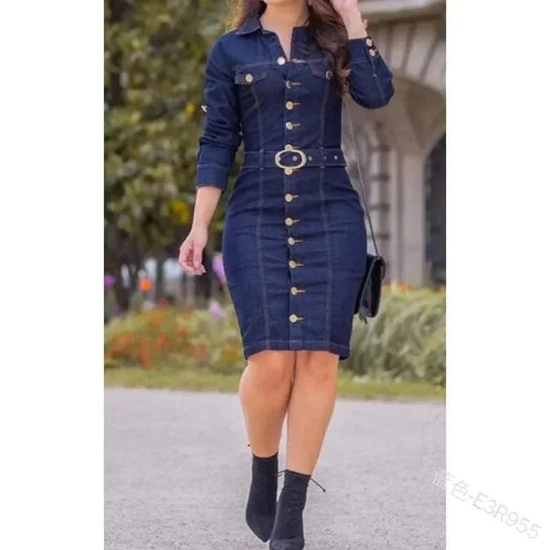 Medium blue / XXXL Women Denim Mini Dress Long Sleeve Single Breasted High Waist Slim Sexy Bodycon Dress with Belt
