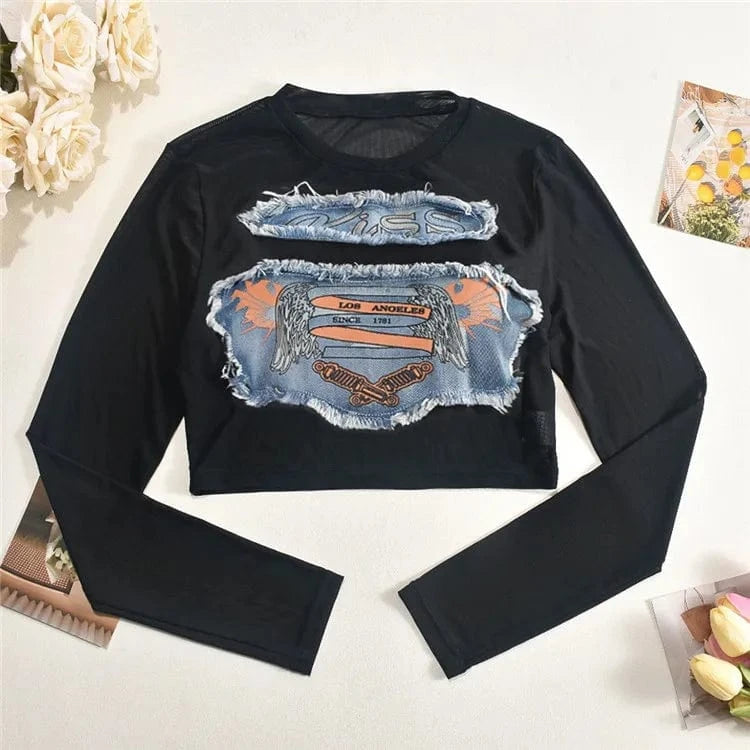 Mesh Applique Denim Y2K T-Shirts Women Hipster Sexy O-Neck Long Sleeve Slim Crop Tops 2024 Summer Graphic Tees