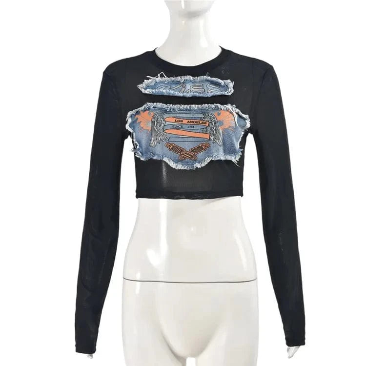 Mesh Applique Denim Y2K T-Shirts Women Hipster Sexy O-Neck Long Sleeve Slim Crop Tops 2024 Summer Graphic Tees