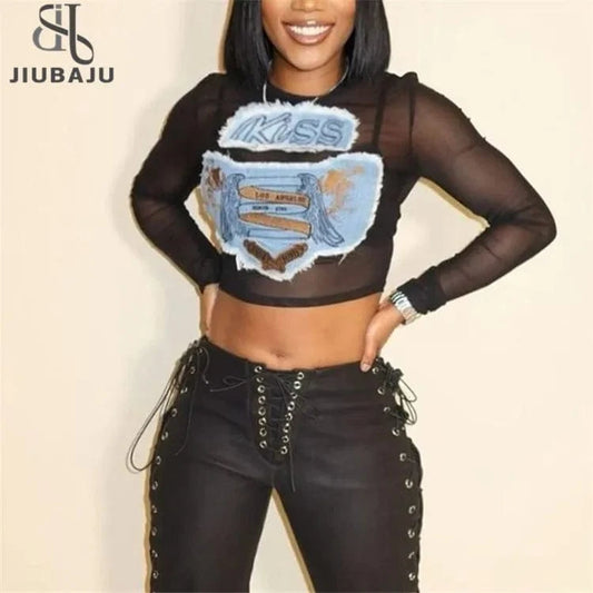 Mesh Applique Denim Y2K T-Shirts Women Hipster Sexy O-Neck Long Sleeve Slim Crop Tops 2024 Summer Graphic Tees