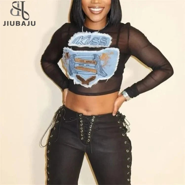 Mesh Applique Denim Y2K T-Shirts Women Hipster Sexy O-Neck Long Sleeve Slim Crop Tops 2024 Summer Graphic Tees