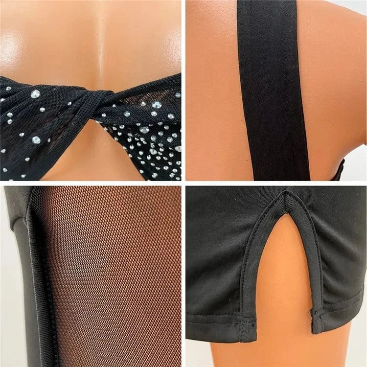 Mesh Crystal Mini Dress Corss Halter Neck Rhinestone Party Dress Outfits
