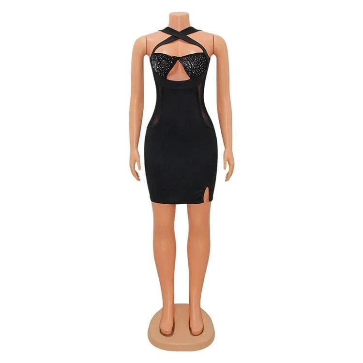 Mesh Crystal Mini Dress Corss Halter Neck Rhinestone Party Dress Outfits