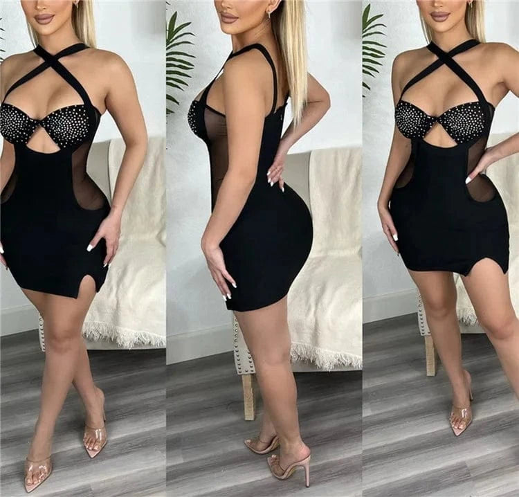 Mesh Crystal Mini Dress Corss Halter Neck Rhinestone Party Dress Outfits