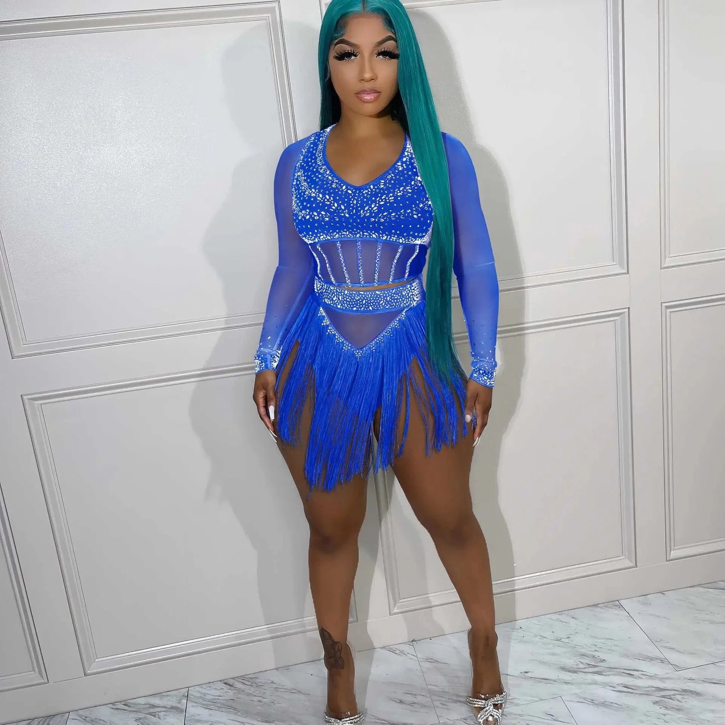 Mesh Rhinestone Club Outfits Sexy Women Two Pieces Crystal Tassel Party Matching Set