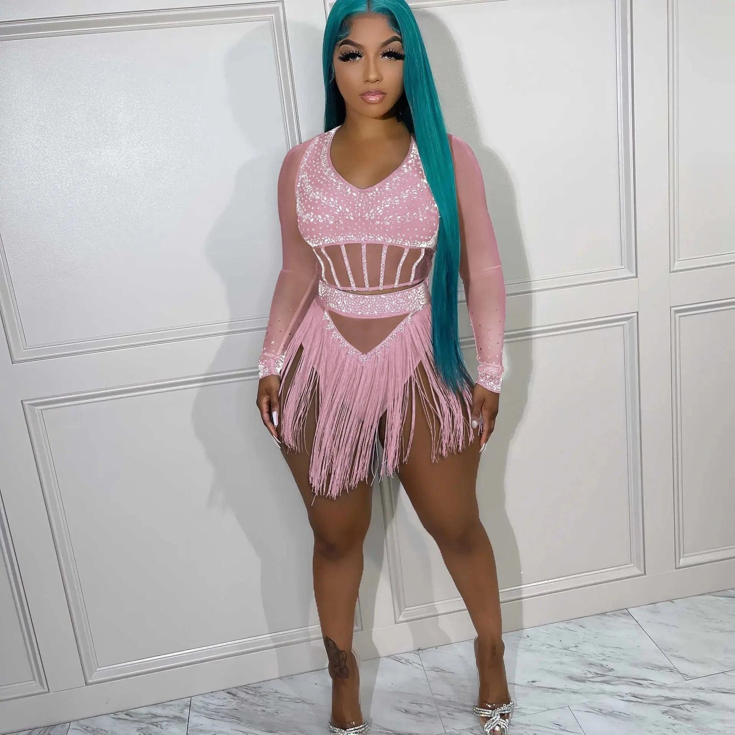 Mesh Rhinestone Club Outfits Sexy Women Two Pieces Crystal Tassel Party Matching Set