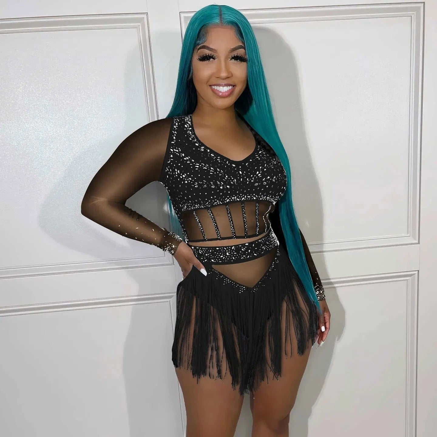 Mesh Rhinestone Club Outfits Sexy Women Two Pieces Crystal Tassel Party Matching Set