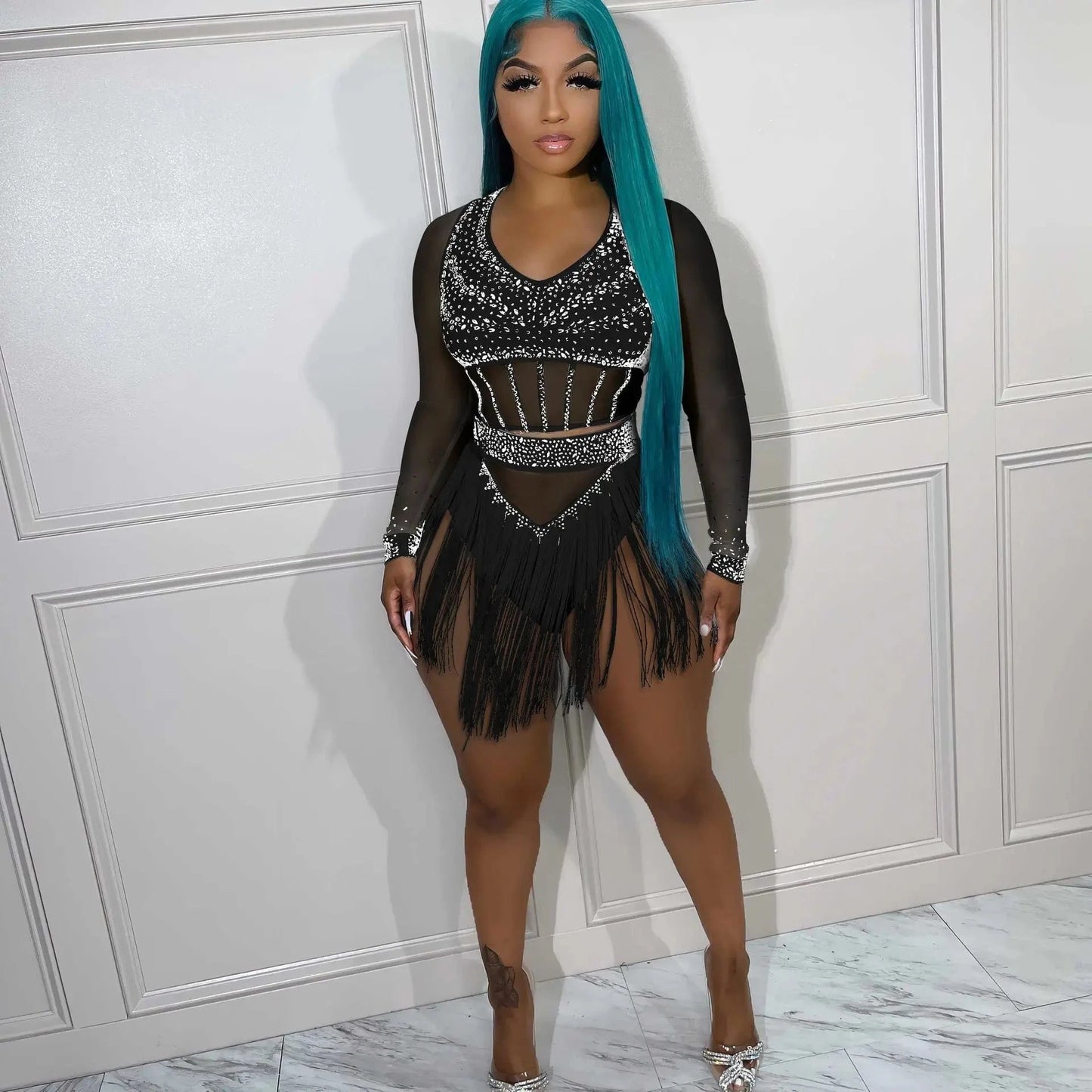 Mesh Rhinestone Club Outfits Sexy Women Two Pieces Crystal Tassel Party Matching Set