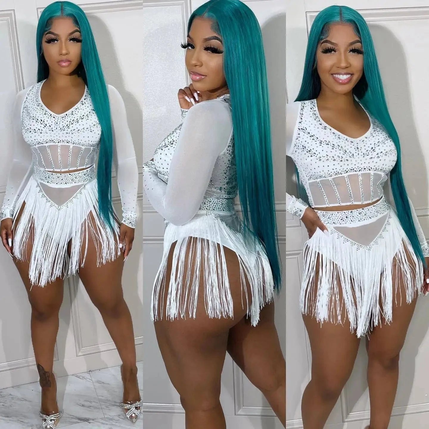 Mesh Rhinestone Club Outfits Sexy Women Two Pieces Crystal Tassel Party Matching Set