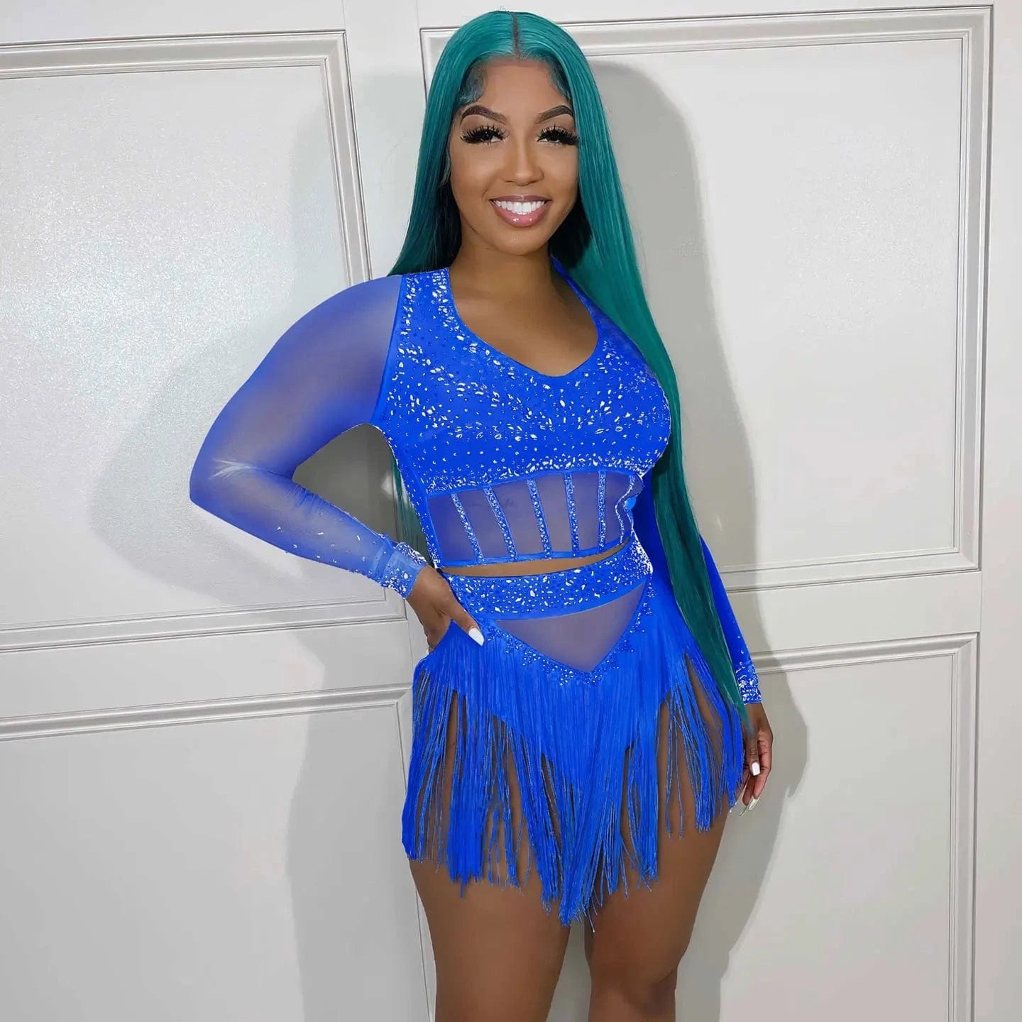 Mesh Rhinestone Club Outfits Sexy Women Two Pieces Crystal Tassel Party Matching Set