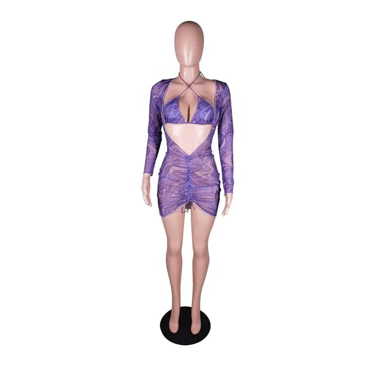Mesh See Though Bikinis Dress Set for Women 2024 Summer Drawstring Skirt 2 Piece Set