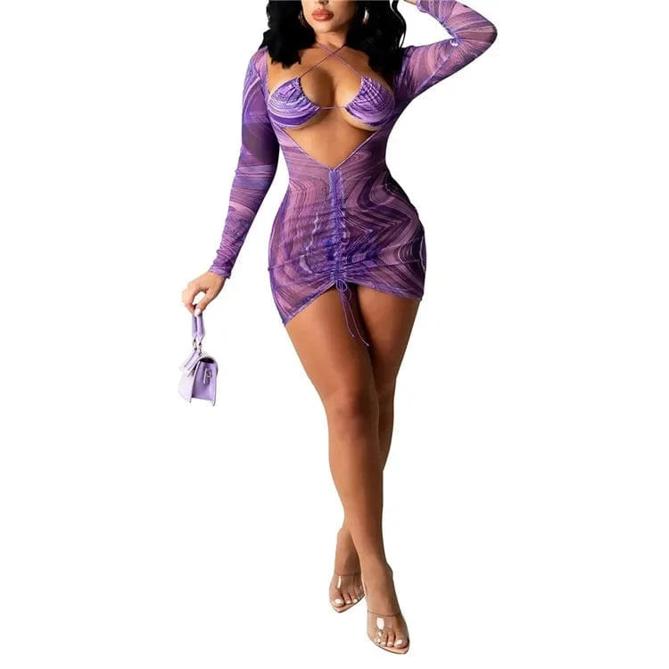 Mesh See Though Bikinis Dress Set for Women 2024 Summer Drawstring Skirt 2 Piece Set
