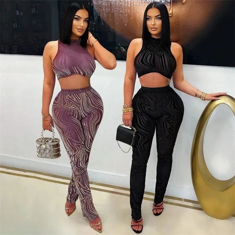 Mesh See Through Sexy Club Outfits for Woman 2 Piece Set Night Party Sleeveless Vest Crop Top and Leggings New in Matching Sets